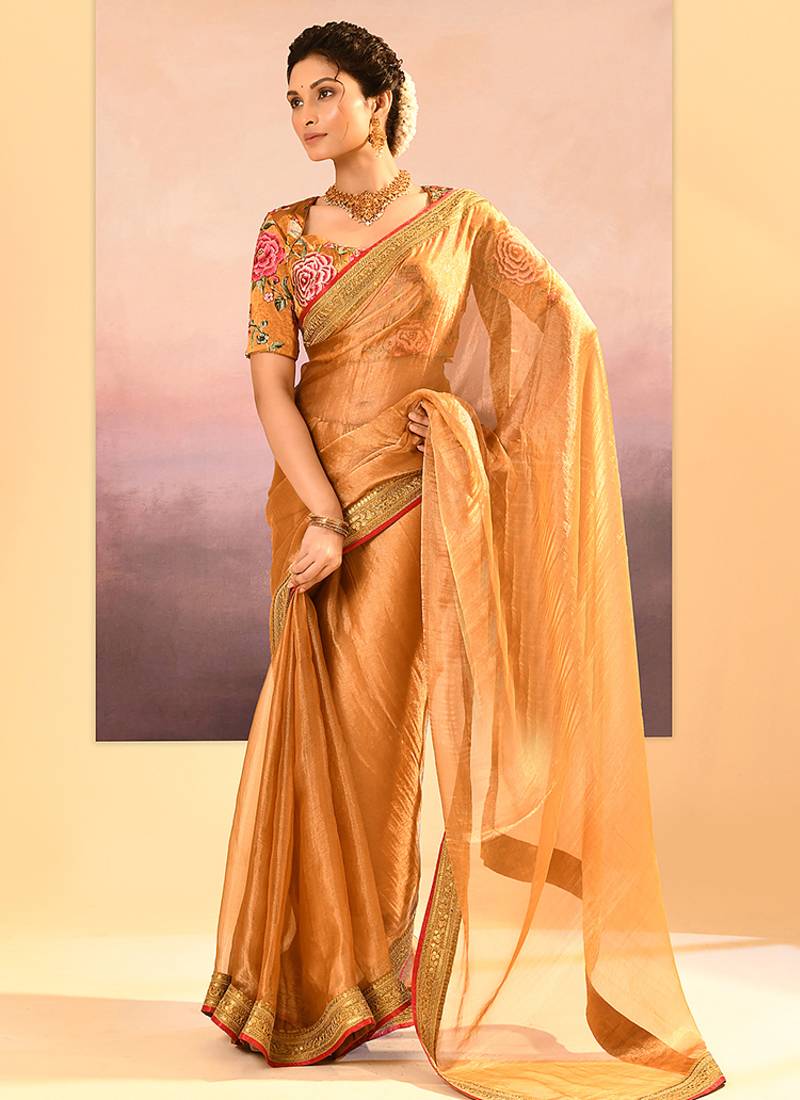 Mustard gold embroidered tissue saree set