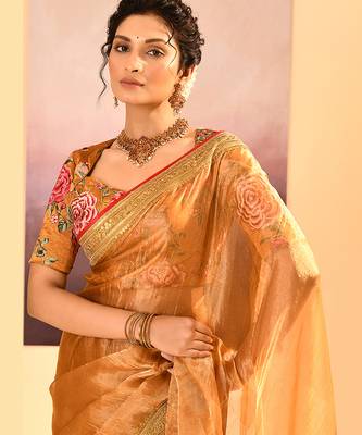 Mustard gold embroidered tissue saree set 4