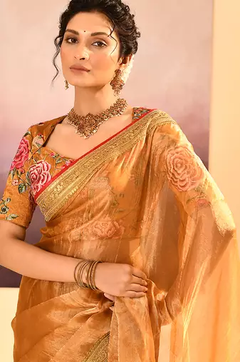 Mustard gold embroidered tissue saree set