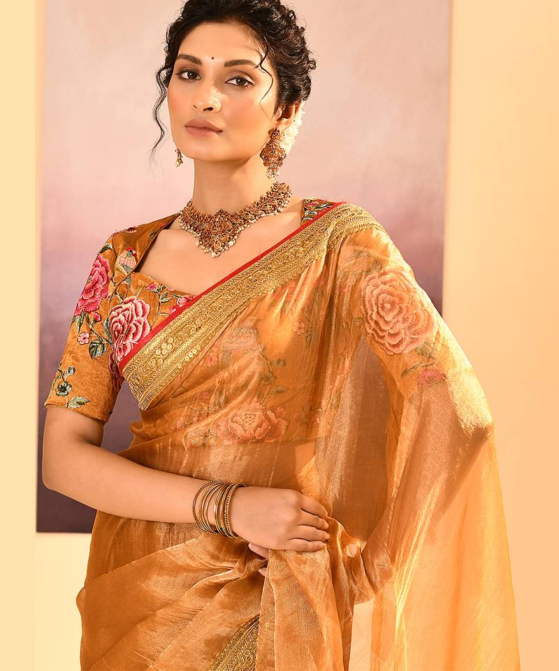 Mustard gold embroidered tissue saree set