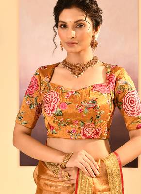 Mustard gold embroidered tissue saree set 5