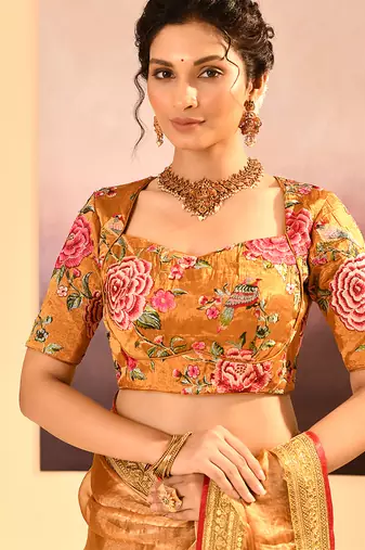 Mustard gold embroidered tissue saree set