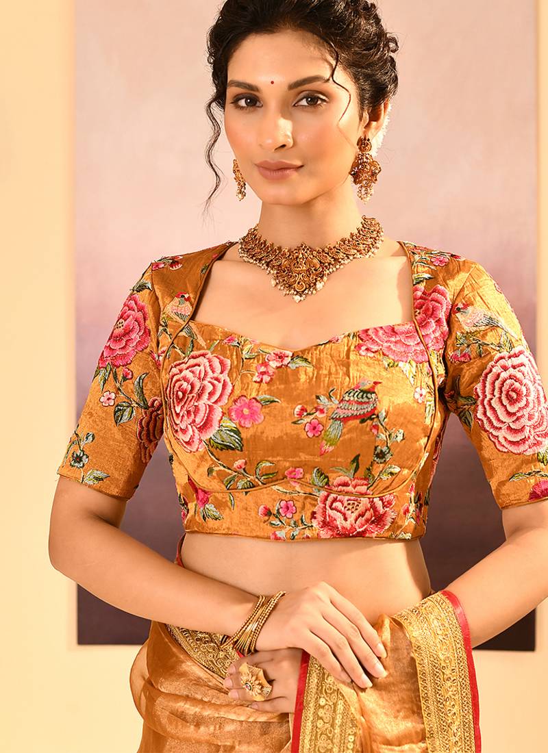 Mustard gold embroidered tissue saree set