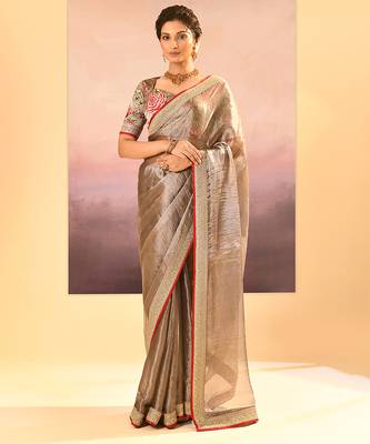 Bronze grey embroidered tissue saree set 1