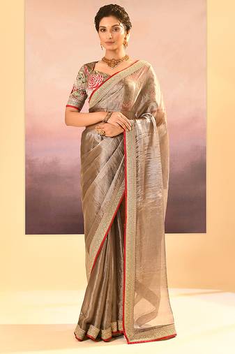 Bronze grey embroidered tissue saree set