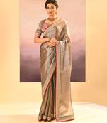 Bronze grey embroidered tissue saree set