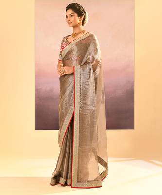 Bronze grey embroidered tissue saree set 2