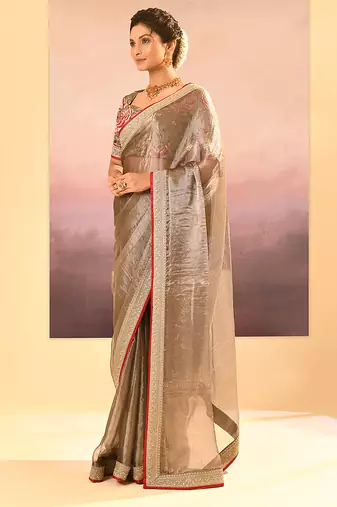 Bronze grey embroidered tissue saree set