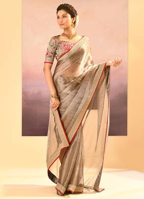 Bronze grey embroidered tissue saree set 3