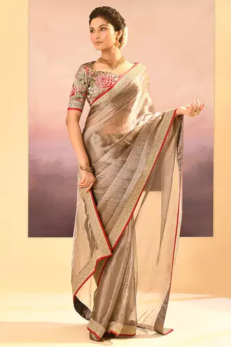 Bronze grey embroidered tissue saree set
