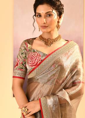 Bronze grey embroidered tissue saree set 4