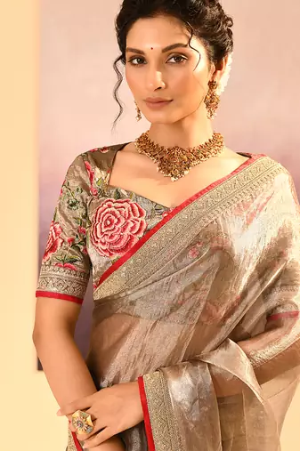 Bronze grey embroidered tissue saree set