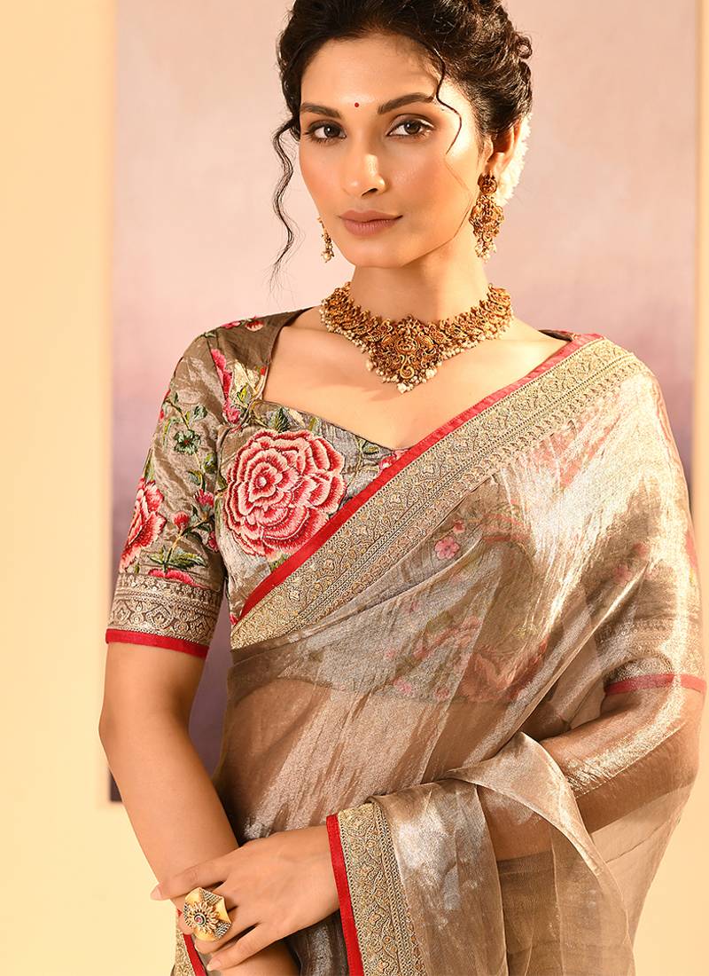 Bronze grey embroidered tissue saree set