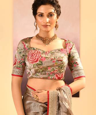 Bronze grey embroidered tissue saree set 5