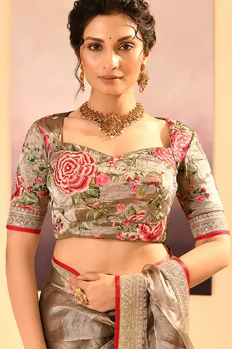 Bronze grey embroidered tissue saree set