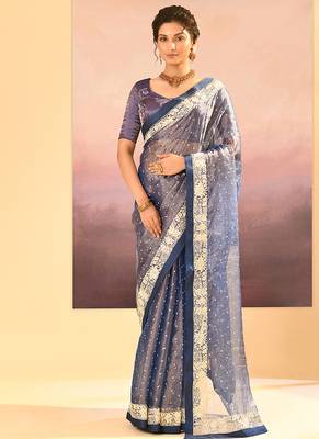 Steel blue embroidered tissue saree set 1