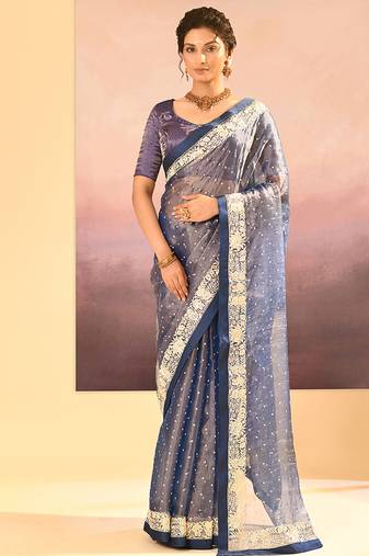 Steel blue embroidered tissue saree set