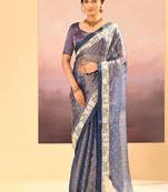 Steel blue embroidered tissue saree set