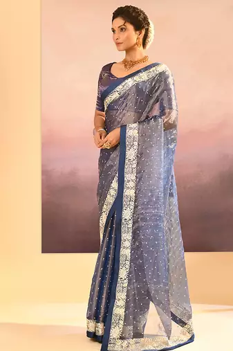 Steel blue embroidered tissue saree set