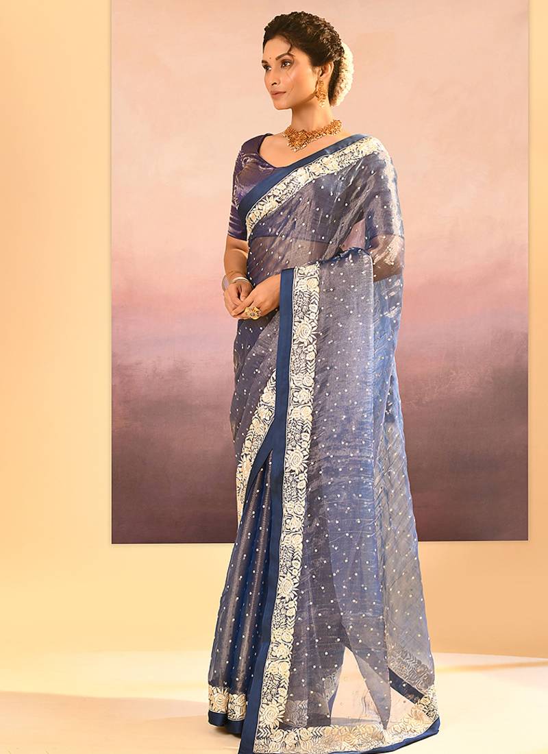 Steel blue embroidered tissue saree set