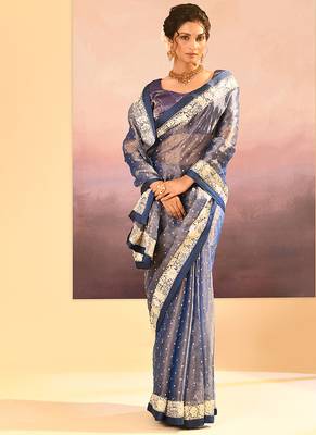 Steel blue embroidered tissue saree set 3