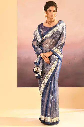 Steel blue embroidered tissue saree set