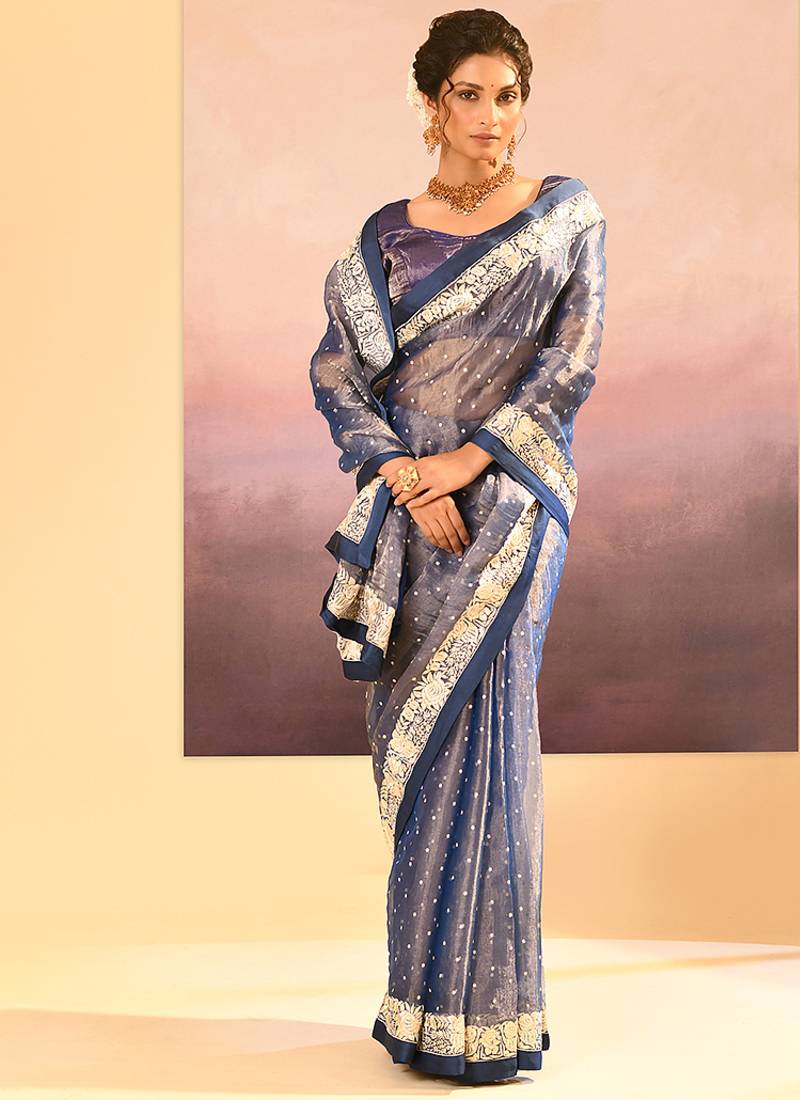 Steel blue embroidered tissue saree set