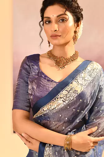 Steel blue embroidered tissue saree set