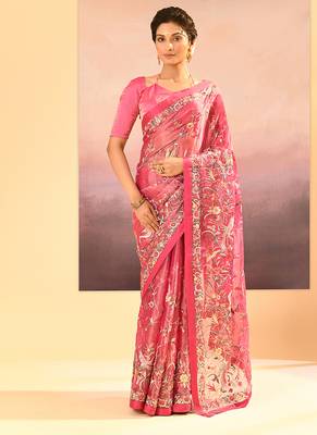 Hot pink embroidered tissue saree set 1