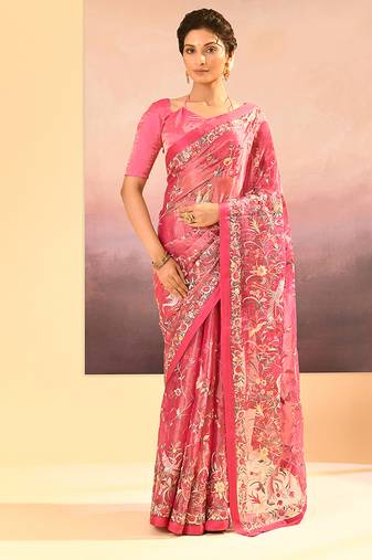 Hot pink embroidered tissue saree set