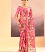 Hot pink embroidered tissue saree set