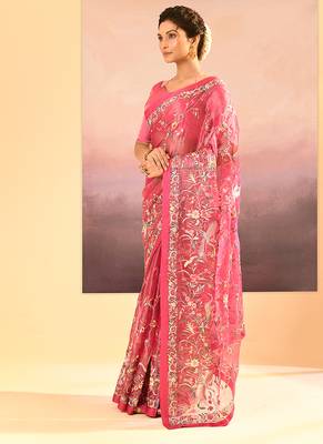 Hot pink embroidered tissue saree set 2