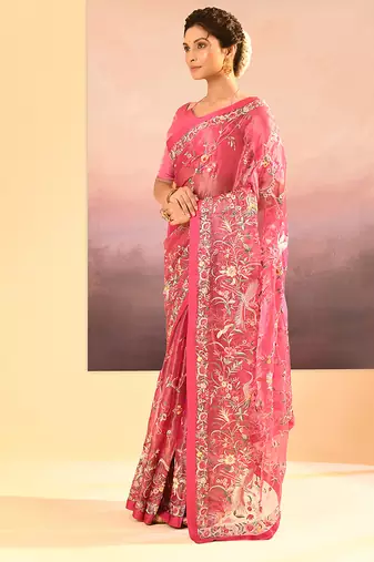 Hot pink embroidered tissue saree set