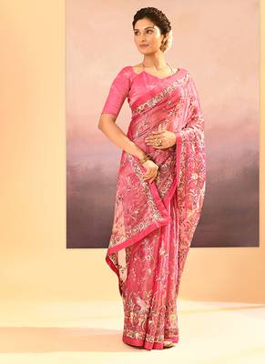 Hot pink embroidered tissue saree set 3