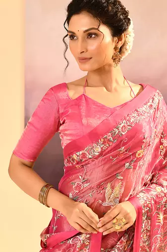 Hot pink embroidered tissue saree set