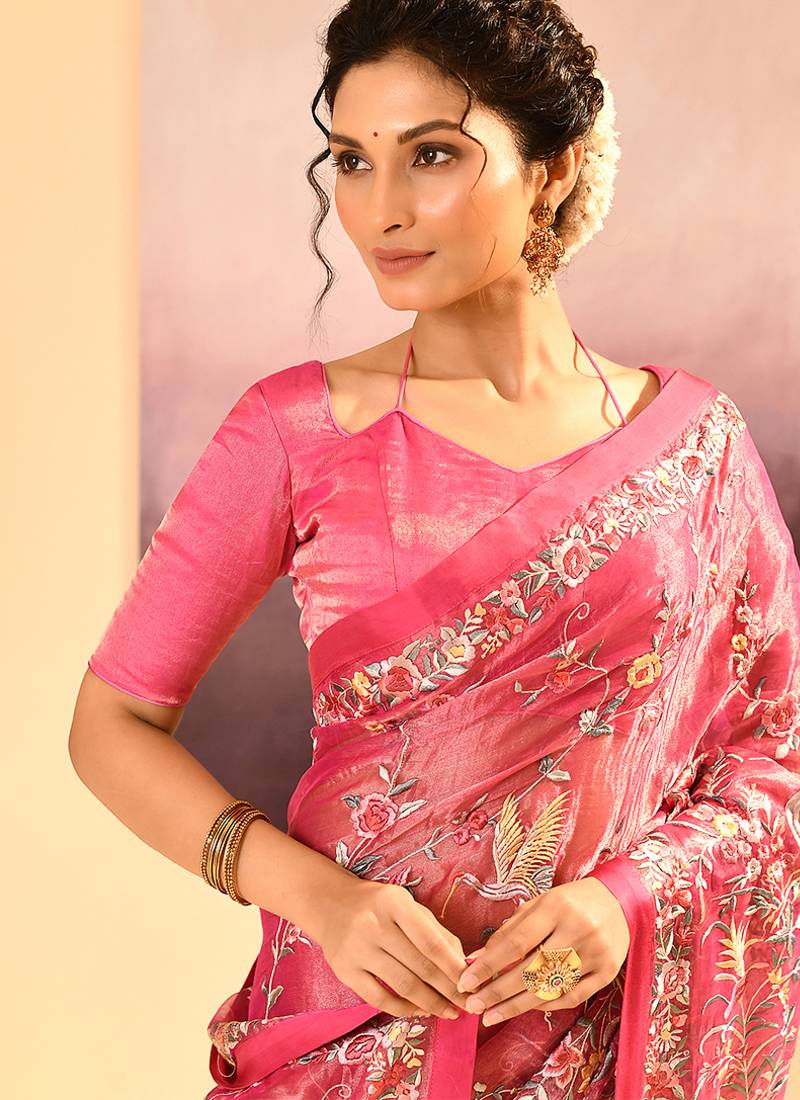 Hot pink embroidered tissue saree set
