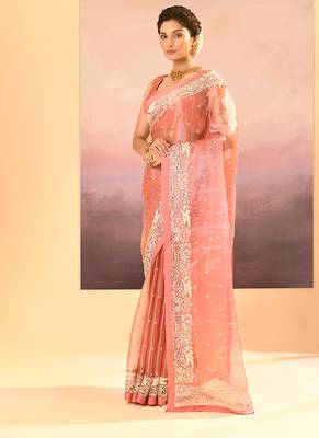 Blush pink embroidered tissue saree set 2