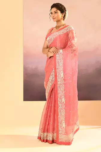Rose pink embroidered tissue saree set