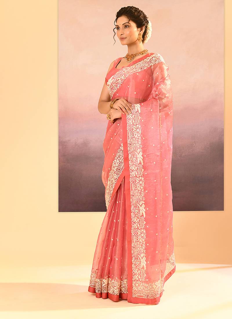 Rose pink embroidered tissue saree set