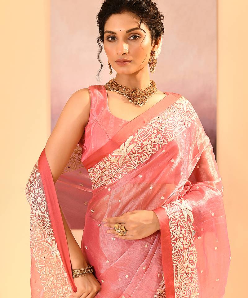Rose pink embroidered tissue saree set