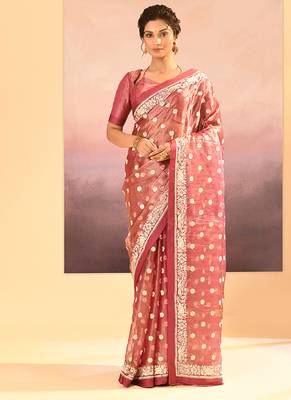 Mauve pink embroidered tissue saree set 1