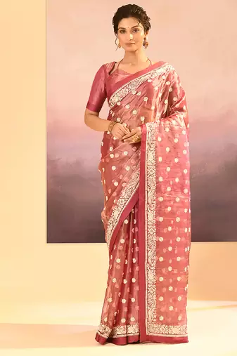 Mauve pink embroidered tissue saree set