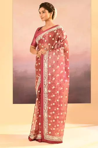 Mauve pink embroidered tissue saree set
