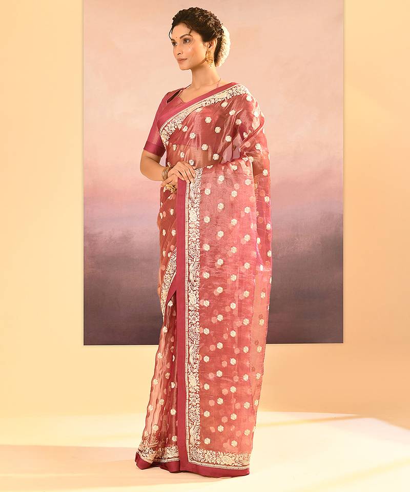 Mauve pink embroidered tissue saree set