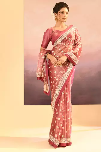 Mauve pink embroidered tissue saree set