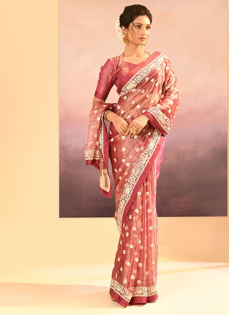 Mauve pink embroidered tissue saree set