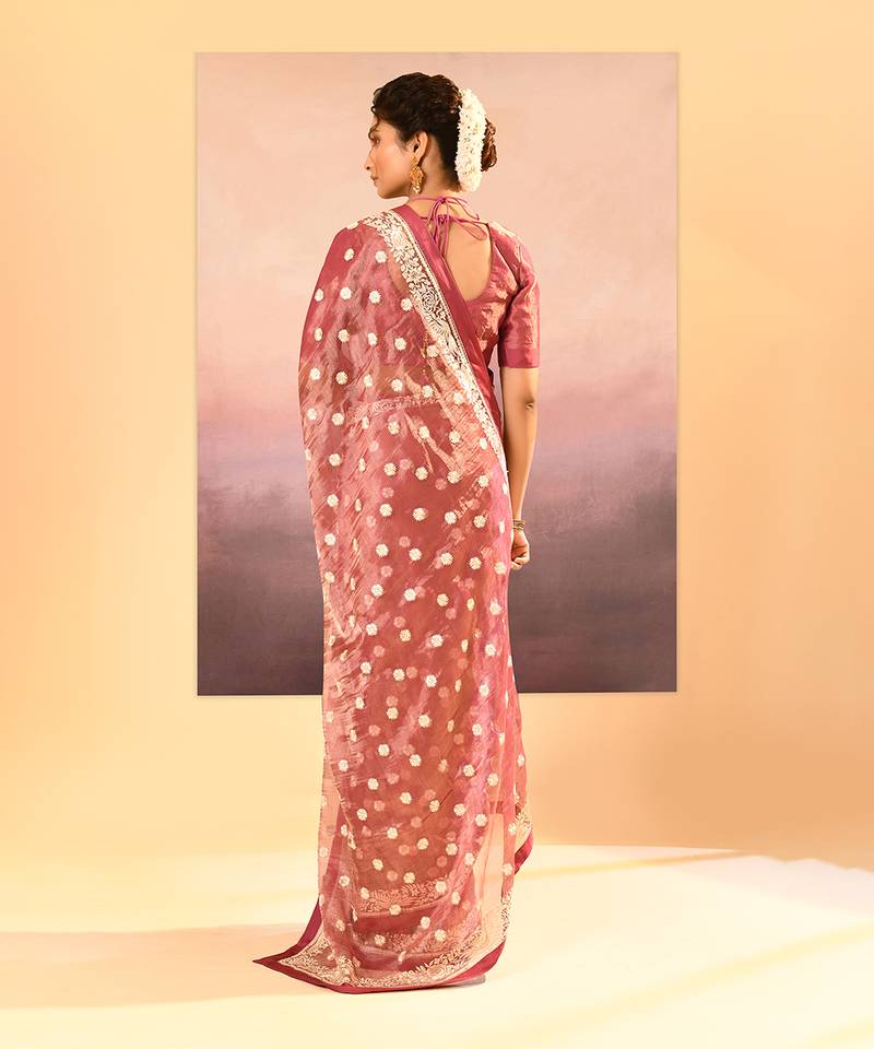 Mauve pink embroidered tissue saree set