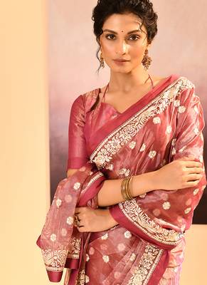 Mauve pink embroidered tissue saree set 5