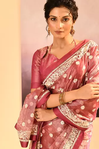 Mauve pink embroidered tissue saree set