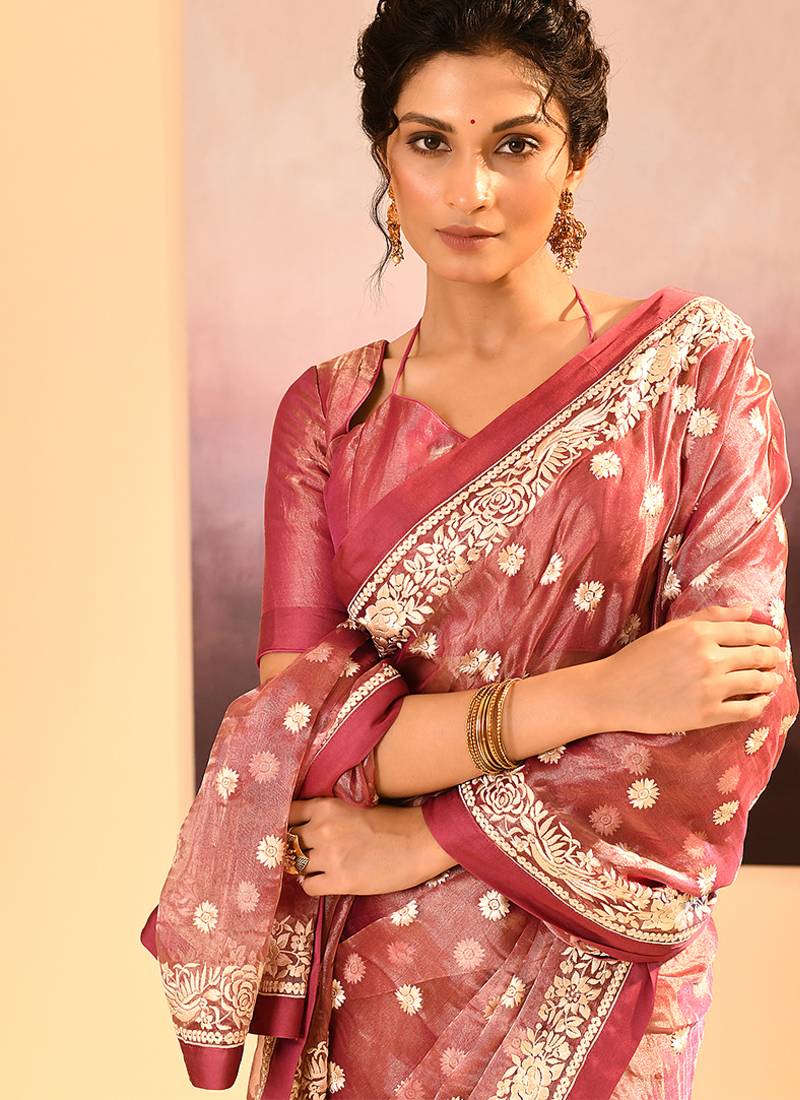 Mauve pink embroidered tissue saree set